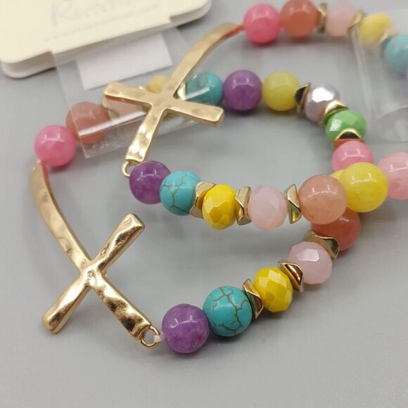 Set of 2 Cross Gold Tone Bracelet Beaded Hammered Catholic Religious Easter Gift - Picture 4 of 15